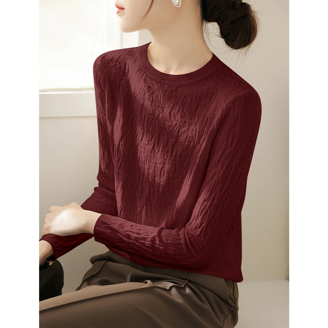 2025秋季新款安可拉红修身长袖针织衫圆领打底上衣套头单穿毛衣