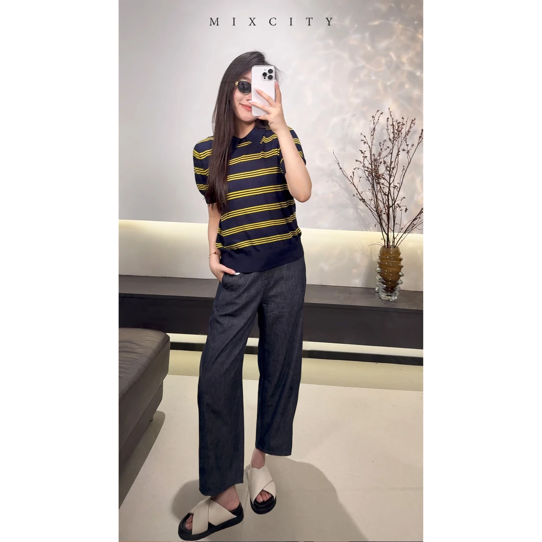 【亚楠本楠】缪系◆缪系POLO衫撞色条纹100%莱赛尔针织衫8217