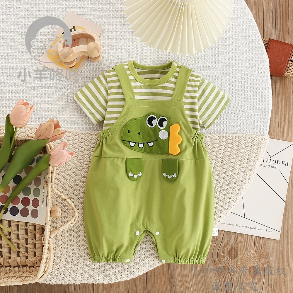 【夏季】新款绿色小恐龙背带两件套婴幼儿薄款卡通洋气条纹时尚童装