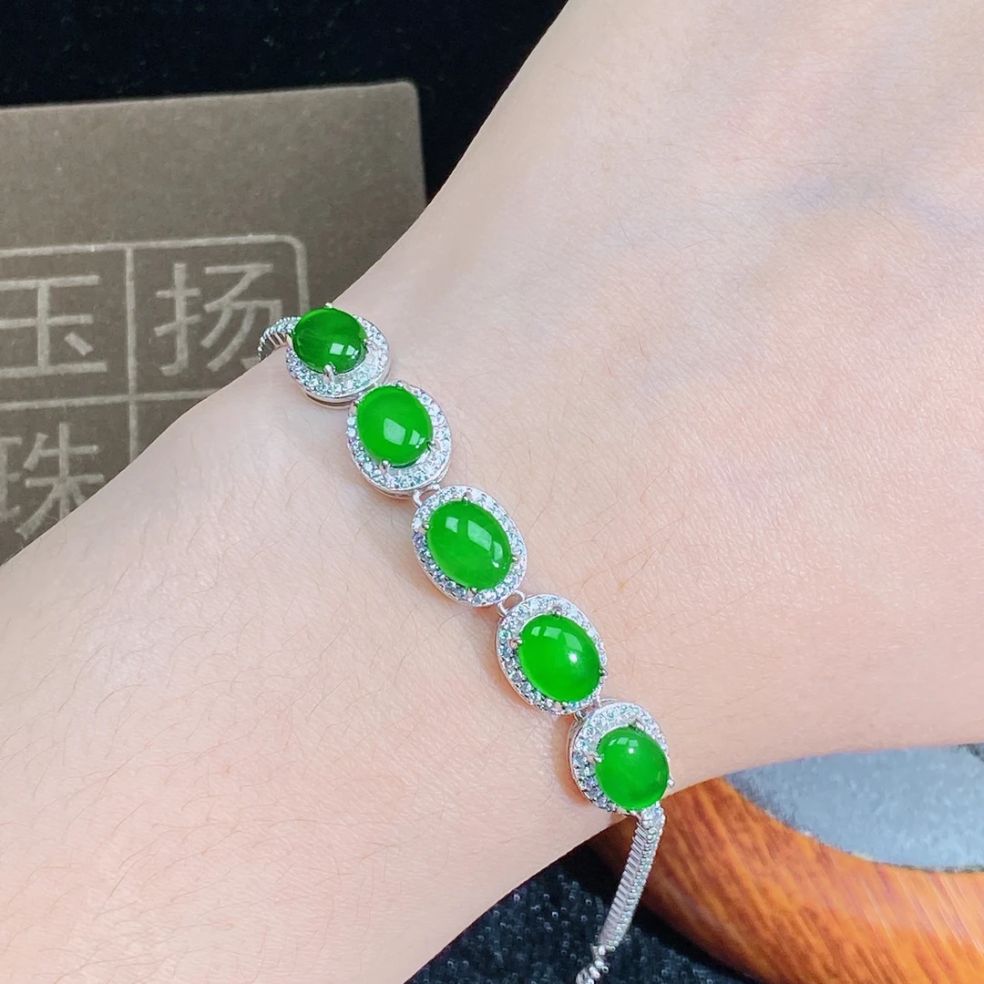 天然翡翠A货时尚轻奢设计款手链通体S925银镶嵌