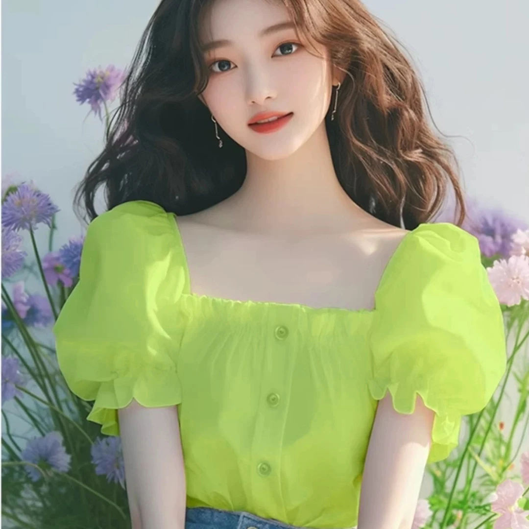 2025夏季新款黄色方领短袖衬衫气质小香风时尚纯欲辣妹上衣小众女