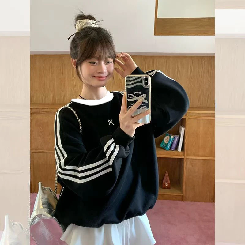 卫衣无帽薄款圆领字母慵懒风宽松黑色时尚洋气长袖春秋加绒加厚