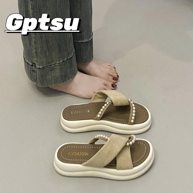 GPTSu夏季新款时尚高级感豹纹珍珠时尚软底外穿厚底舒适拖鞋女