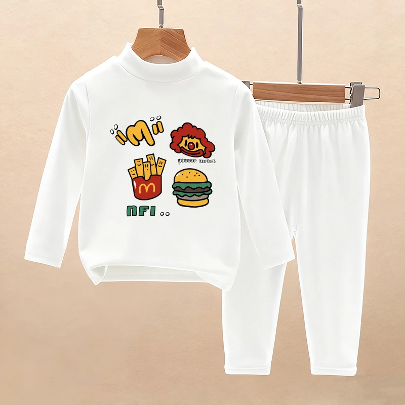 薯条 汉堡~儿童半高领德绒男女童保暖内衣两件套中大童秋冬打底衫