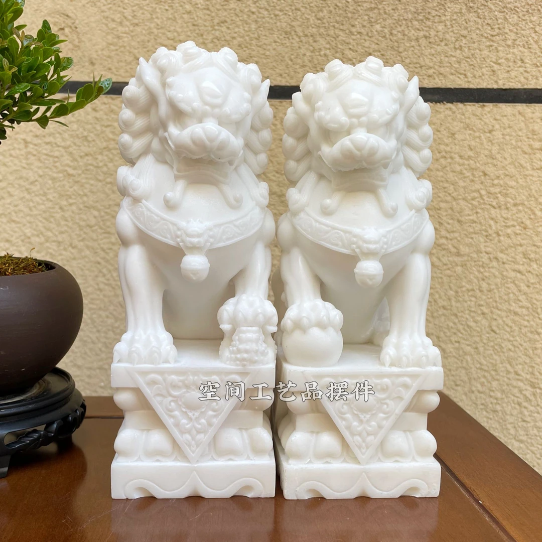 汉白玉石狮子一对家用玄关柜酒柜展示柜大门口小摆件墓前祠堂中式