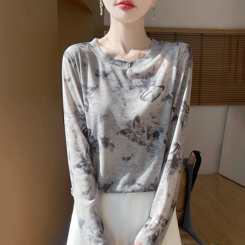 商场同款扎染印花长袖T恤女百搭春夏季防晒衣水墨打底皮肤衣上衣