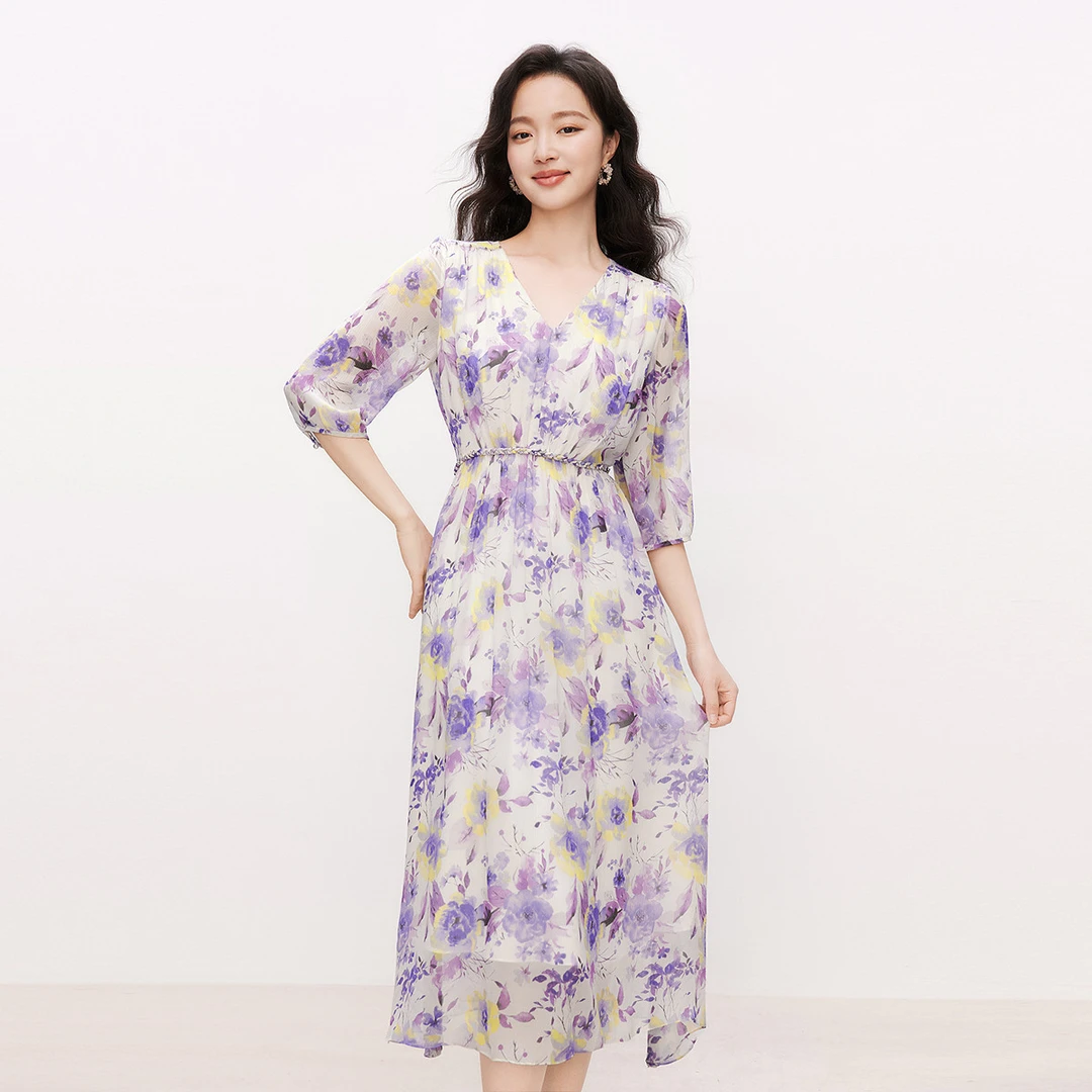 【羊羊专属】珂莱蒂尔茶歇印花连衣裙女收腰飘逸裙KF1228