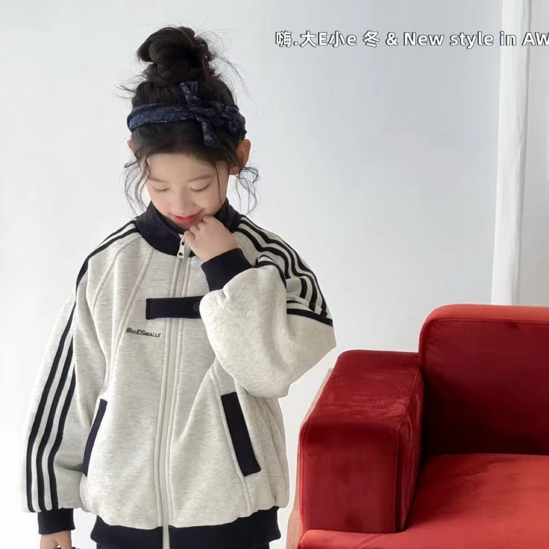字母冬季拉链普通外套艾斯女童羊羔绒休闲短款运动儿童春秋