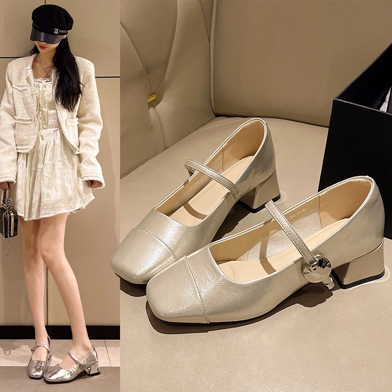 粗跟小香风拼接方头玛丽珍鞋女2025新款夏季浅口一字带魔术贴单鞋