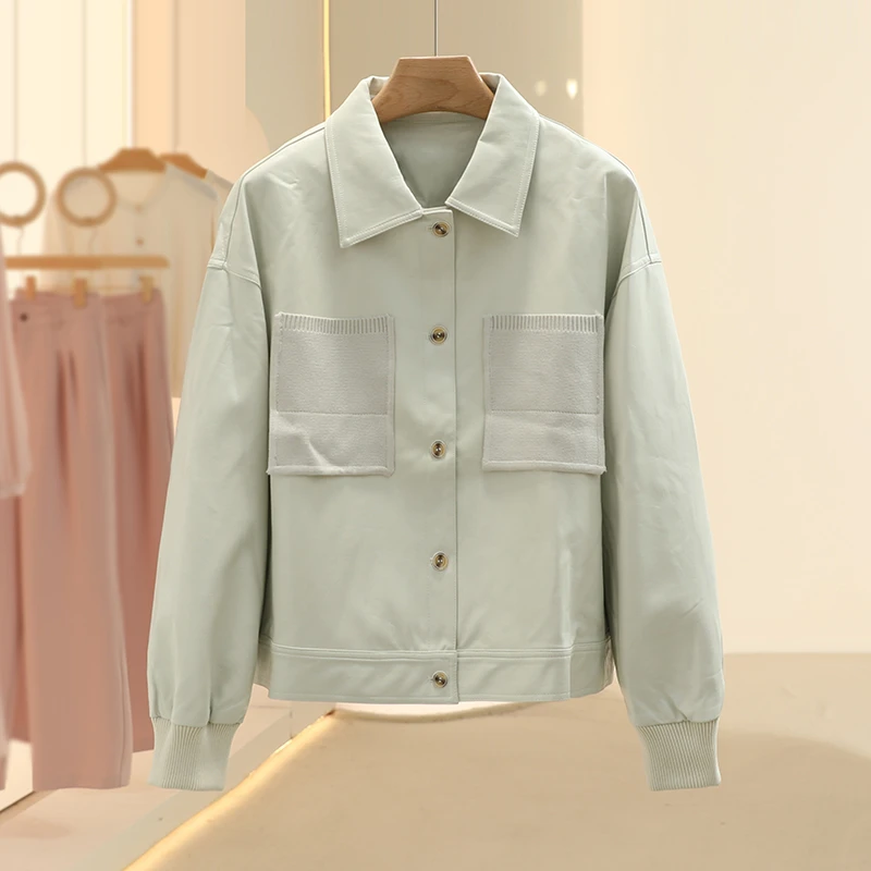 【艾w】经典款时尚百搭翻领皮衣外套2025春季新款撤柜女装