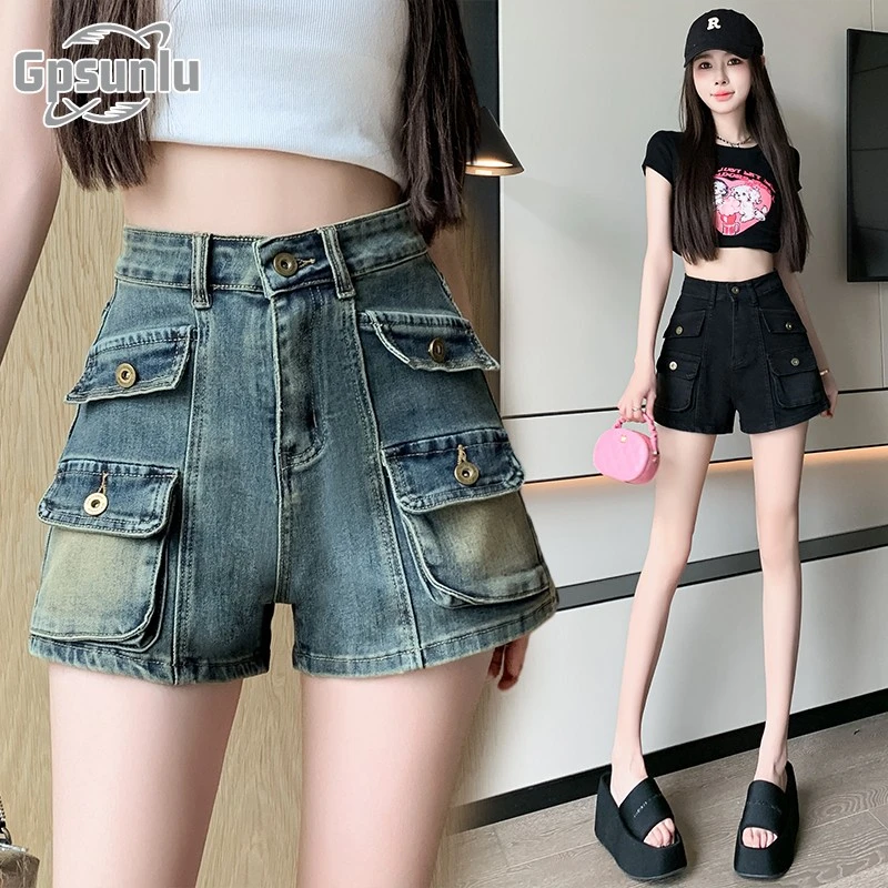gpsunlu复古工装牛仔短裤女夏季新款高腰显瘦夏季显瘦阔腿牛仔