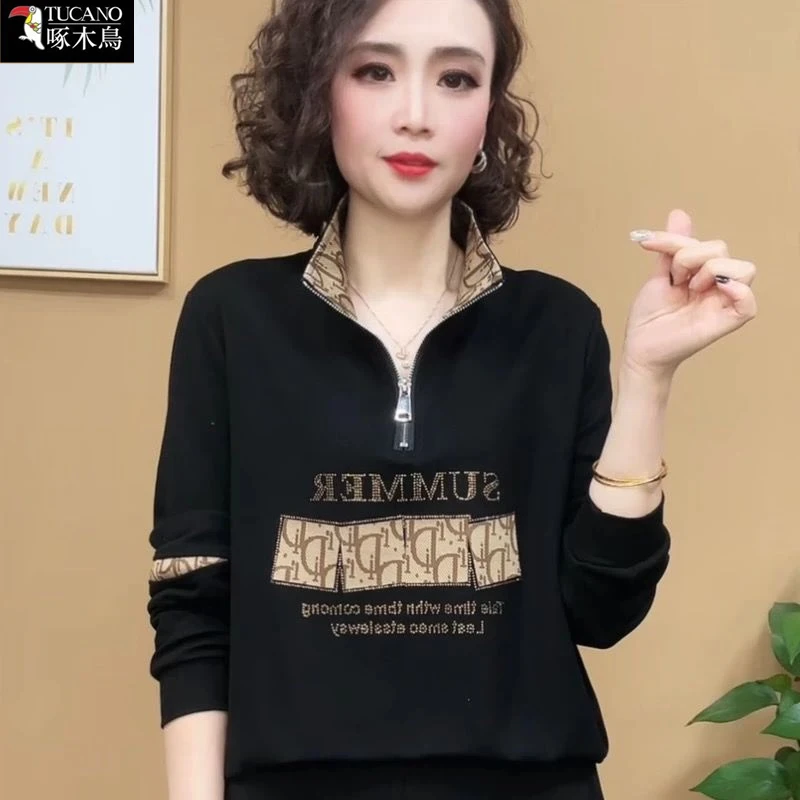 啄木鸟2025年新款撞色设计休闲上衣女士减龄春秋长袖洋气翻领卫衣