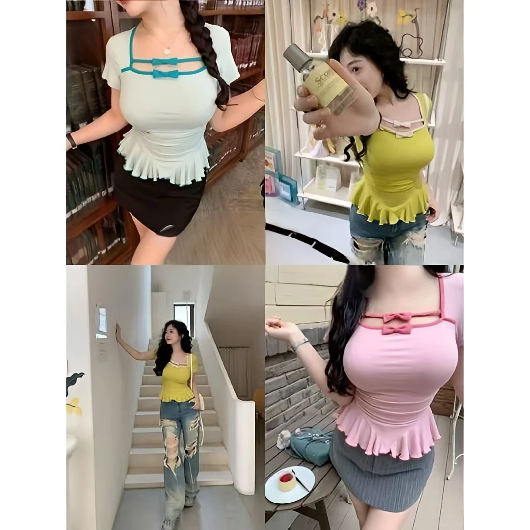 胖鑫家捕梦少女 撞色蝴蝶结胖MM抽褶修身显瘦短袖T恤多色6823