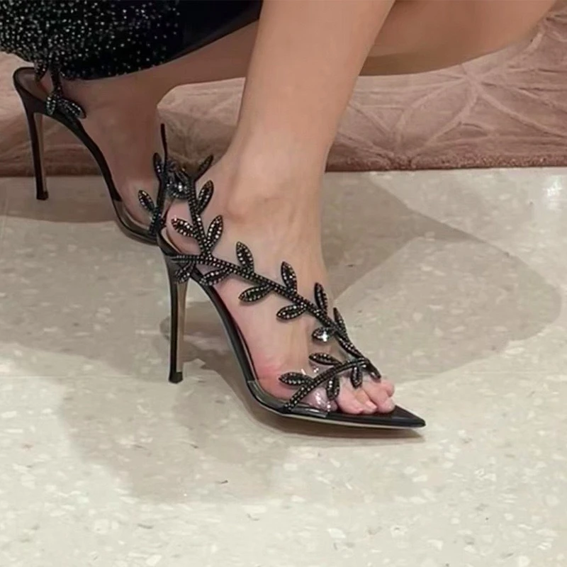 2025夏季新款黑色水钻树叶凉鞋女尖头羊皮细跟一字带名媛高跟鞋潮