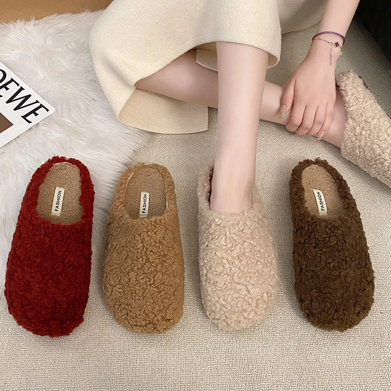 2025秋冬外穿丑萌大头女复古包头棉毛毛半拖鞋加绒保暖一脚蹬懒人