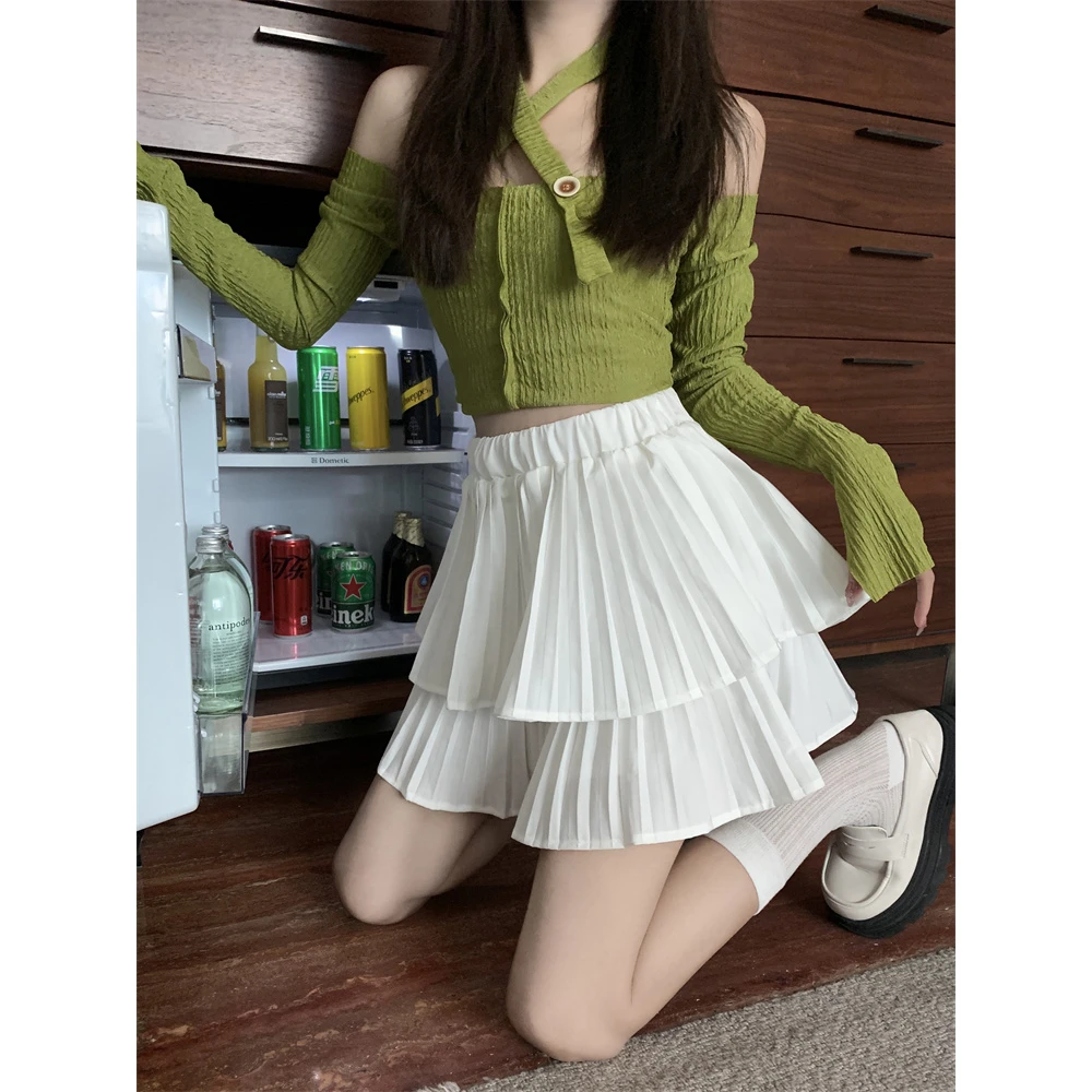 胖mm双层蛋糕百褶半身裙女2025夏季新款高腰显瘦短裙a字裙5216