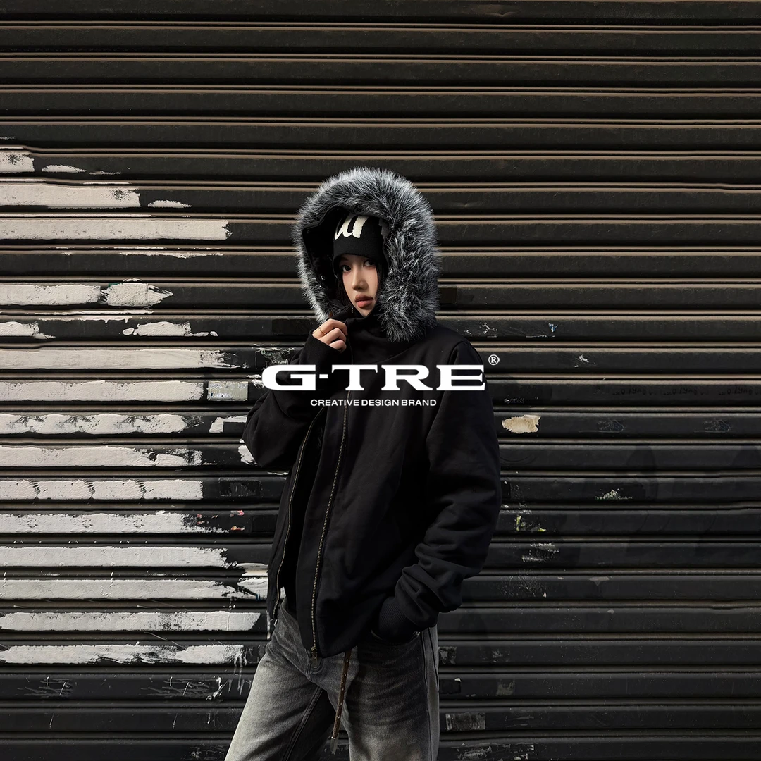 G-TRE 25FW可拆卸毛领绒毛内里短宽修身拉链连帽卫衣座山雕外套