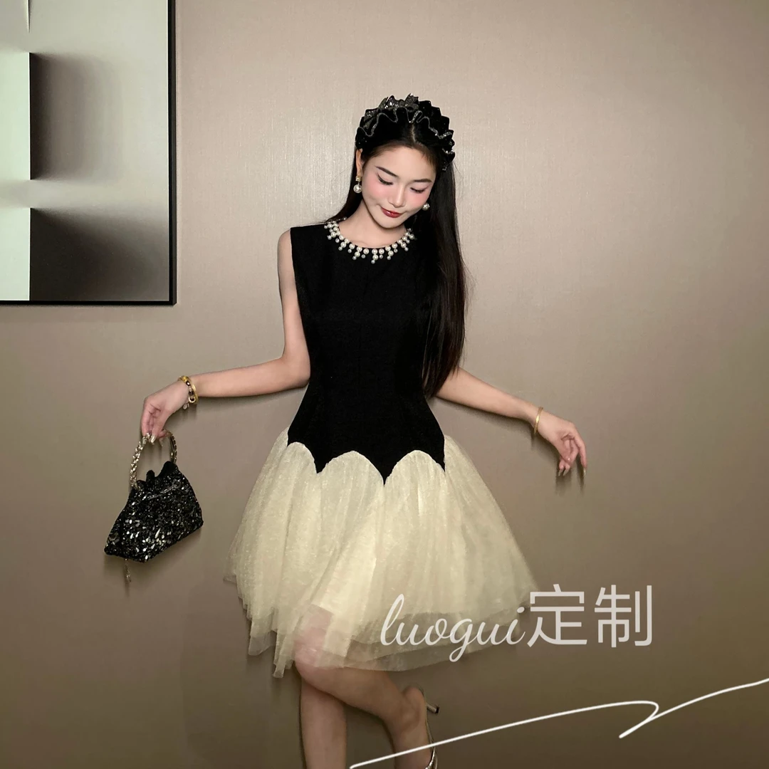 【花花原创】时尚复古法式收腰气质宴会轻奢名媛拼接连衣裙9782