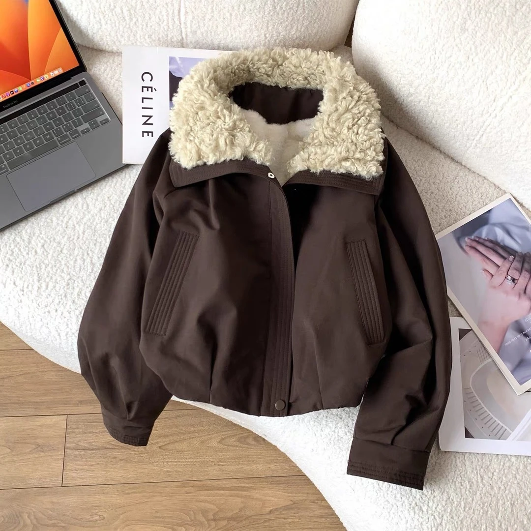 美式复古翻领羊羔绒外套女秋冬季新款小个子短款保暖宽松夹克上衣