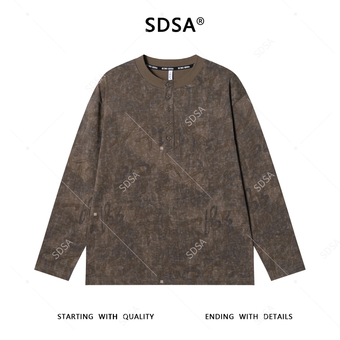 SDSA男士秋冬新款痞帅男装港风复古扎染半纽扣圆领长袖T恤网红款