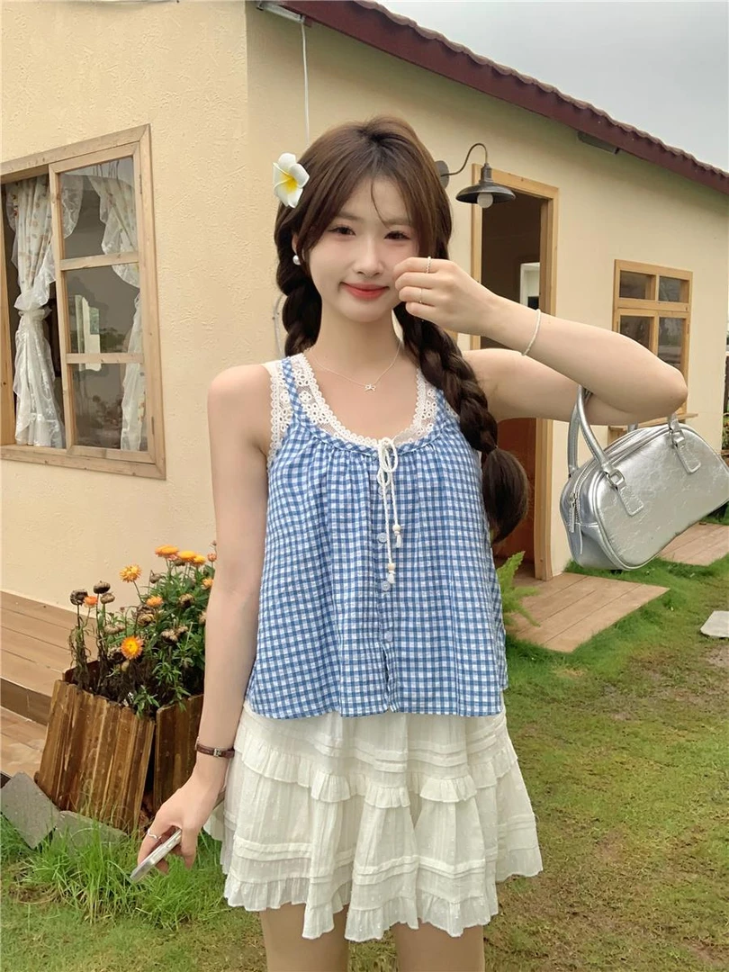 【套装】设计感假两件内搭外穿小吊带背心女短款无袖上衣蕾丝短裙