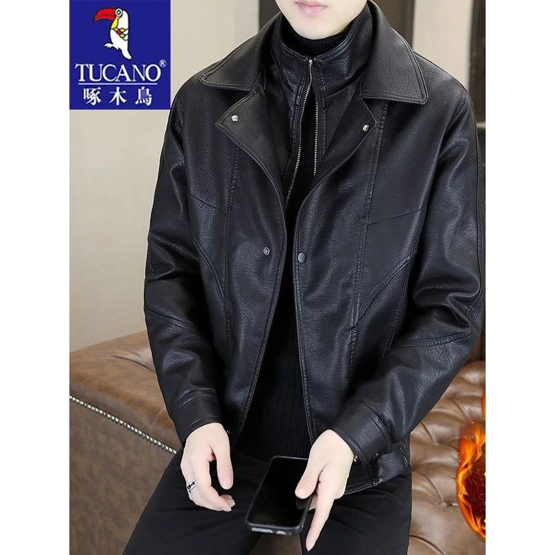 啄木鸟假两件皮夹克男士皮毛一体加绒加厚款外套痞帅冬季机车皮衣