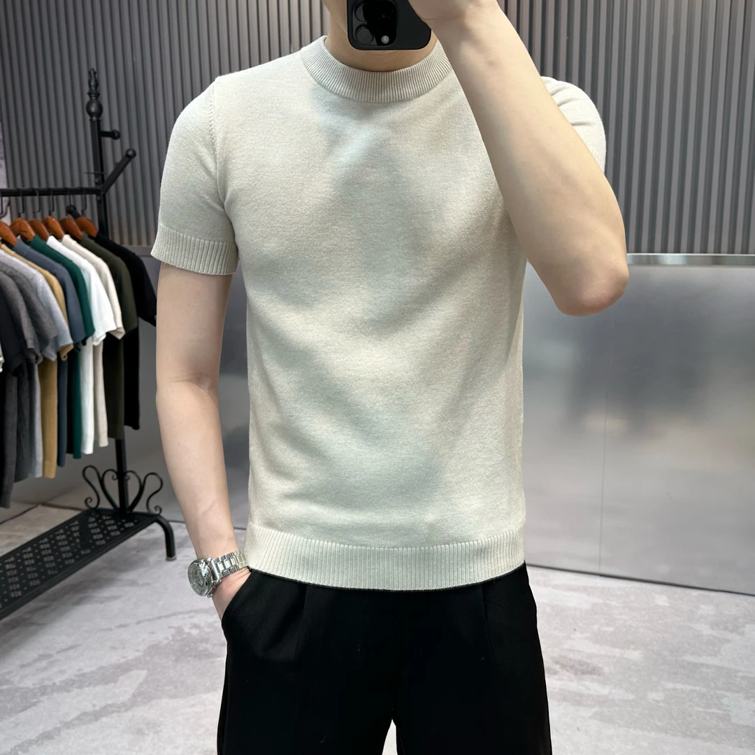 高端男士毛衣圆领春秋新款短袖针织衫男紧身圆领纯色修身打底衫