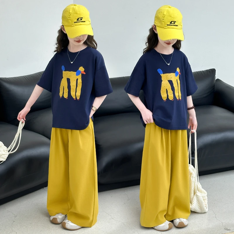 女童夏季短袖t恤套装2025新款洋气时髦儿童装休闲阔腿裤两件套潮