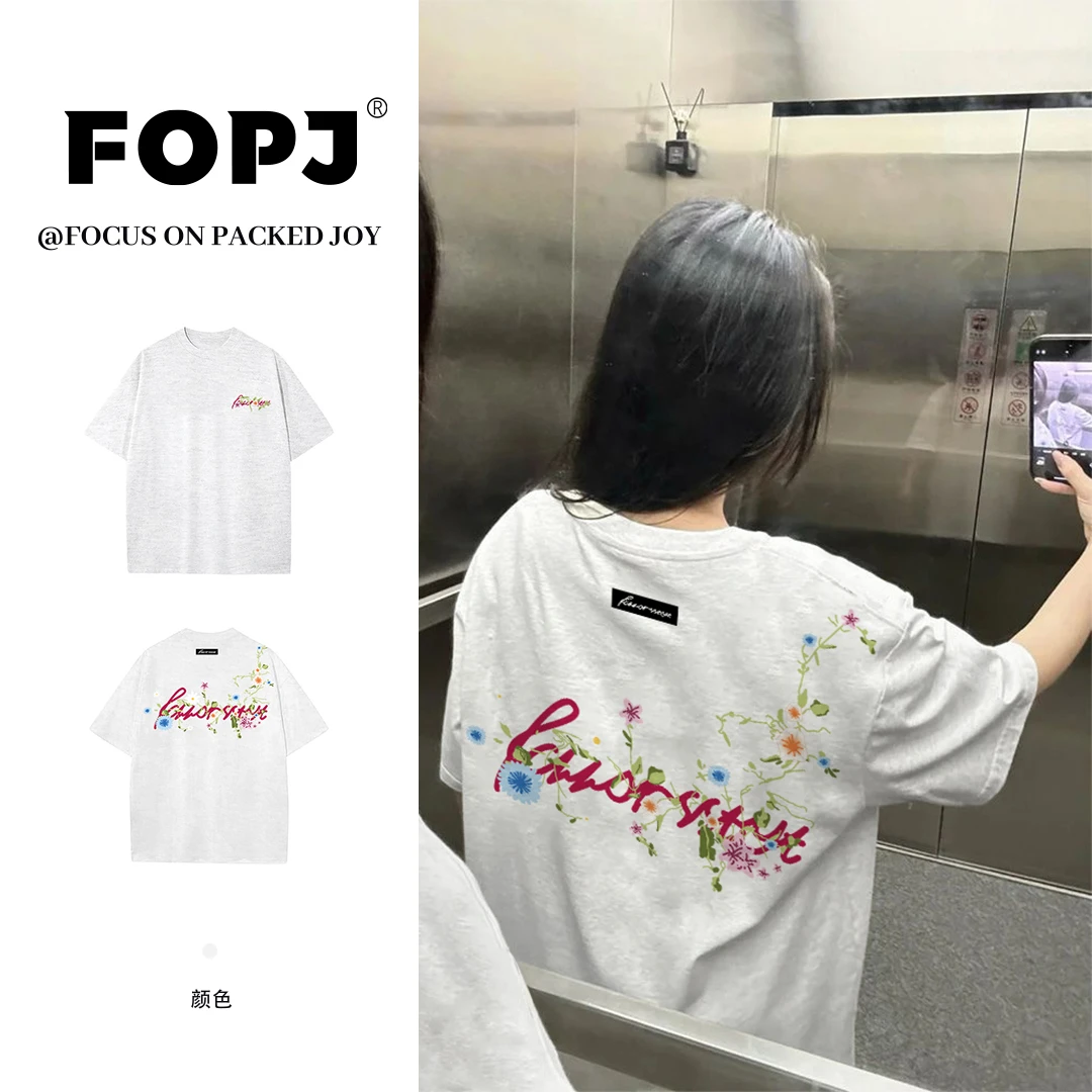 FOPJ重磅纯棉美式字母印花短袖女夏季圆领T恤慵懒风半袖上衣潮ins