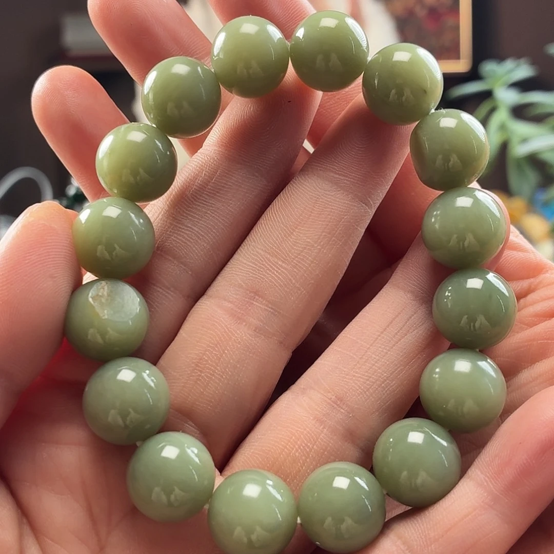 和田玉未镶嵌手链新疆和田玉沙枣青圆14