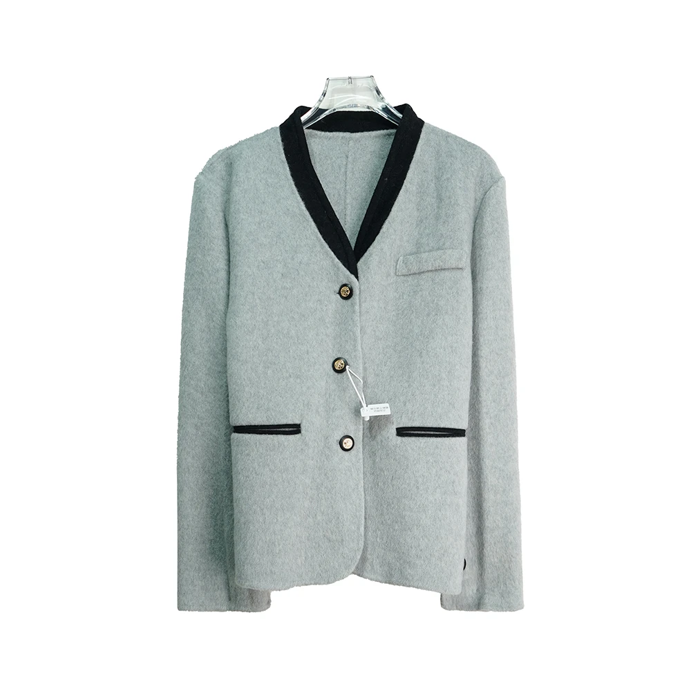 DY23026【上新】轻奢高级感V领气质复古宽松单排扣气质灰色外套3D