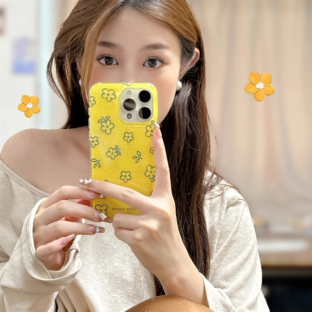 黄色清新线条小碎花适用苹果16手机壳iPhone15Promax双层17promax