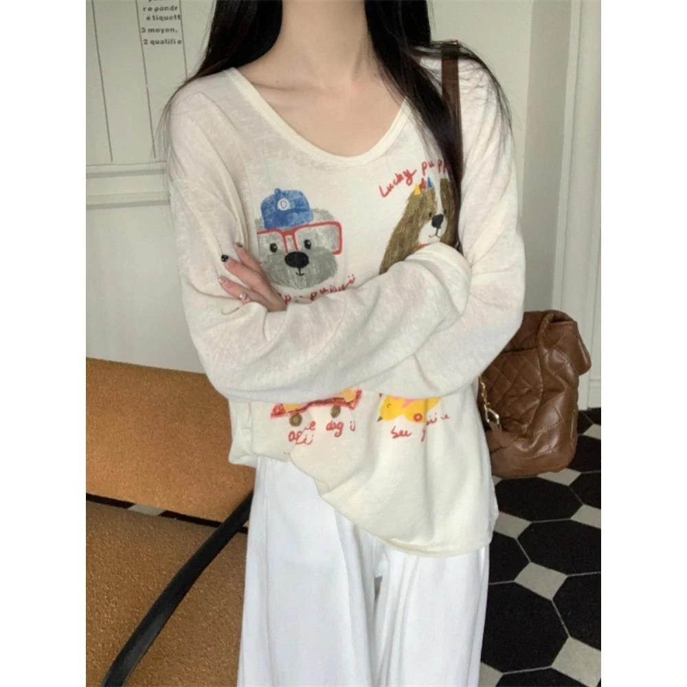 杏色减龄可爱狗狗印花长袖T恤女夏季宽松休闲慵懒风高级感u领上衣