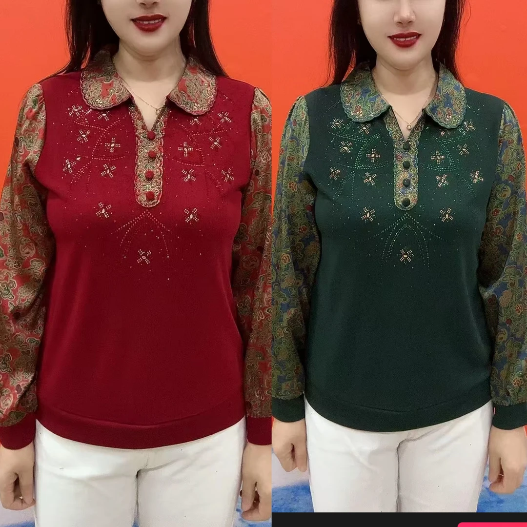 新款花袖娃娃领小衫拼接烫钻显瘦中老年妈妈装长袖上衣