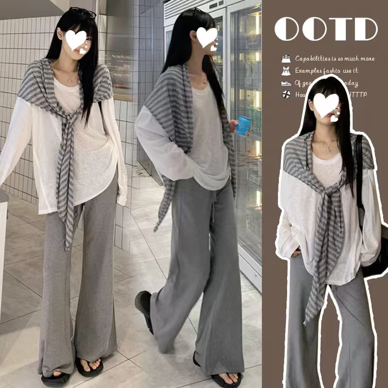 孕妇秋装套装早秋韩系慵懒风长袖T恤女叠穿条纹披肩垂感微喇长裤