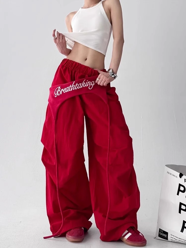 美式复古爵士街舞阔腿裤女2025夏季叠穿伞兵裤宽松百搭直筒休闲裤