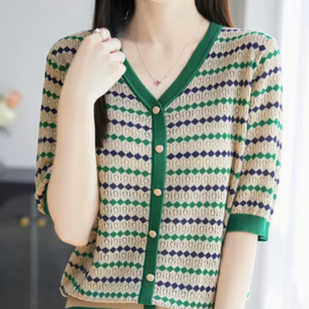 短袖夏季常规V领镂空针织衫百搭时尚开衫针织衫薄款 透气宽松短袖