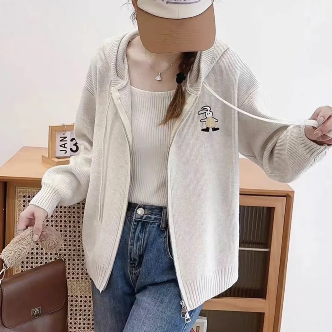 卡通连帽双向拉链针织衫