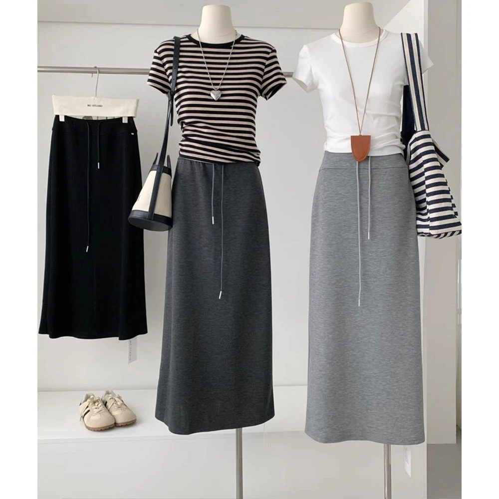 后开叉直筒休闲半身裙女2025年夏季新款松紧腰抽绳百搭中长款卫裙