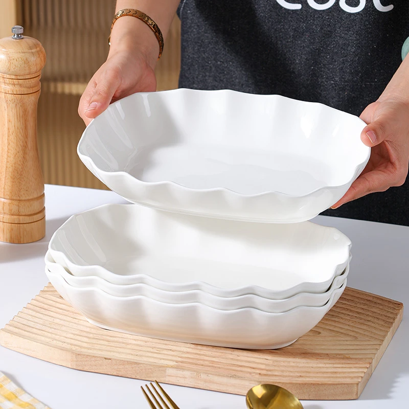 2只装10,5英寸陶瓷烤盘焗饭盘骨瓷长方形鱼盘烤盘沙拉盘海瓷餐具