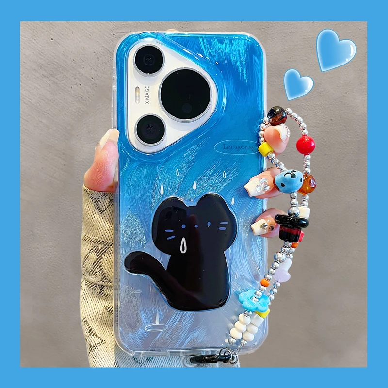 适用华为pura80pro+手机壳pura70pro双层可爱蓝色晕染黑猫支架