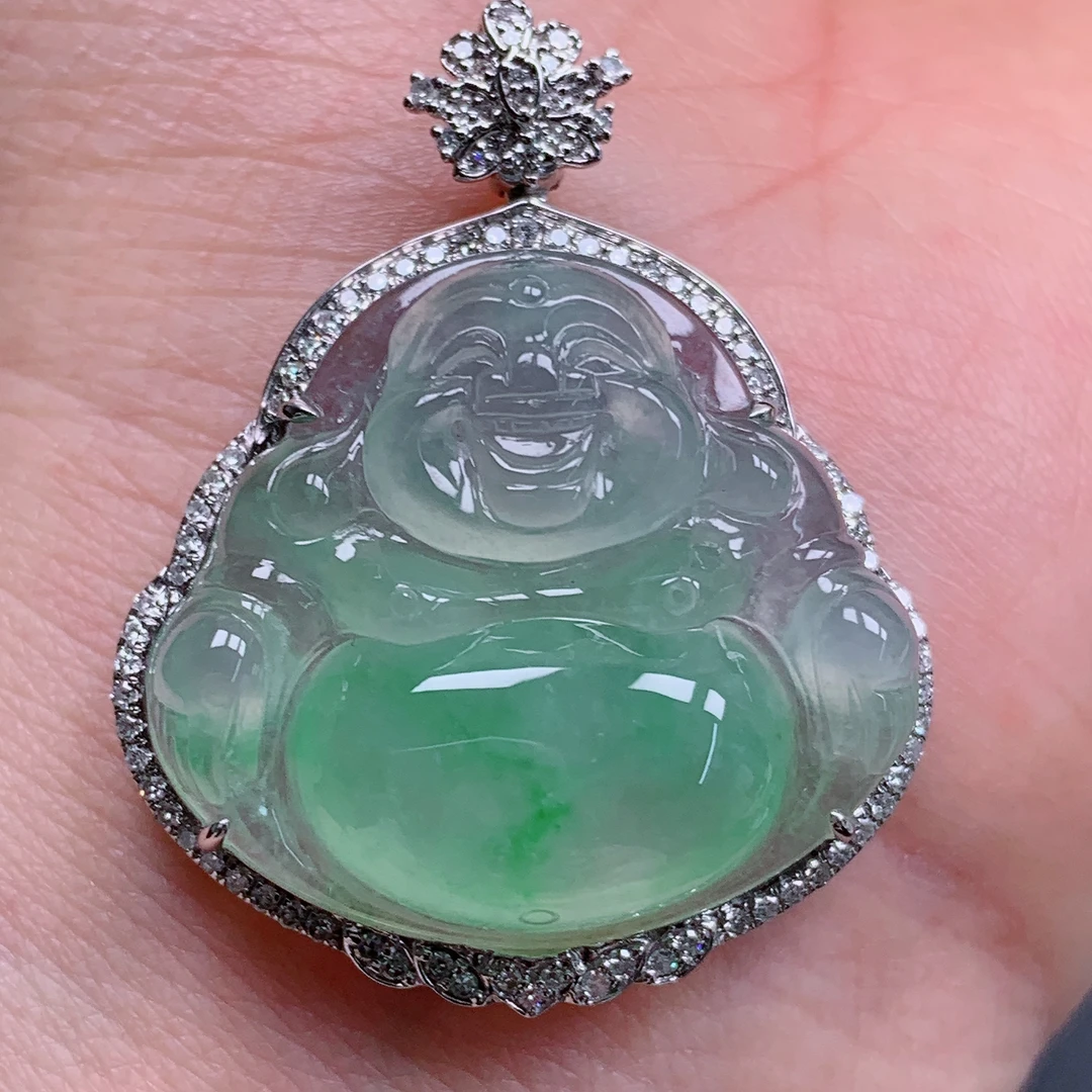 天然缅甸翡翠A货18k冰飘花佛公气质精美尺寸整体36.3+29.3+9  37.