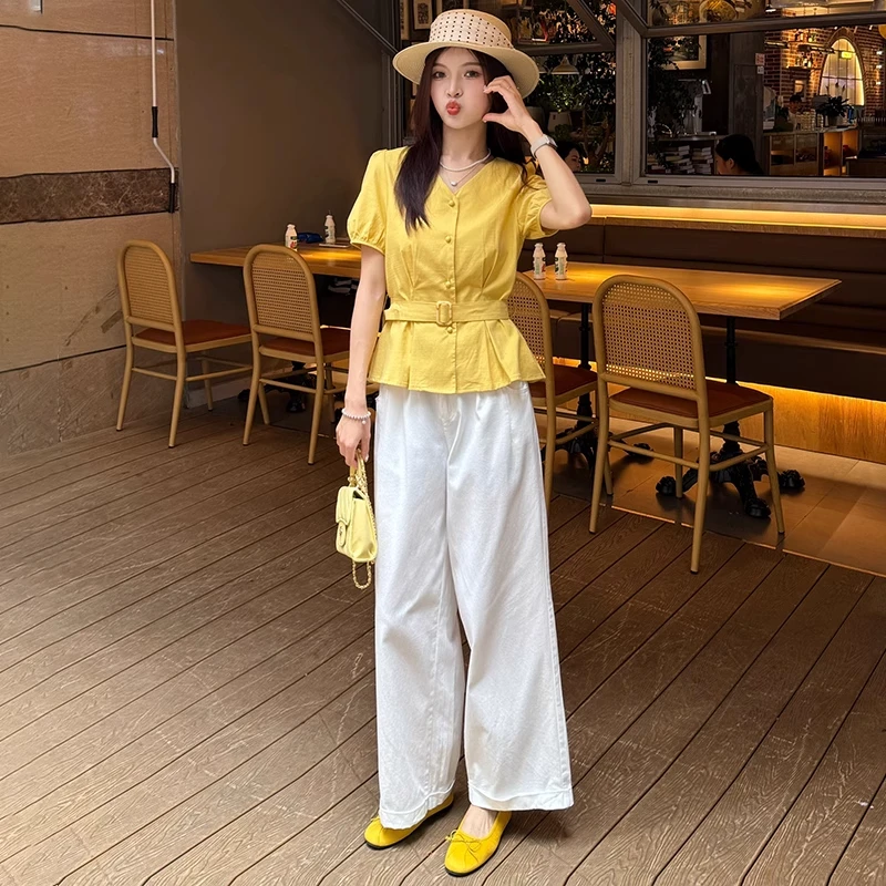 时尚套装女2025夏季新款法式气质高级感收腰短袖衬衫阔腿裤两件套