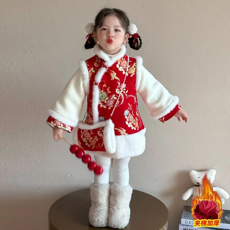 女童冬季旗袍加绒红色女小童拜年服冬款秋冬加厚冬装喜庆拜年服