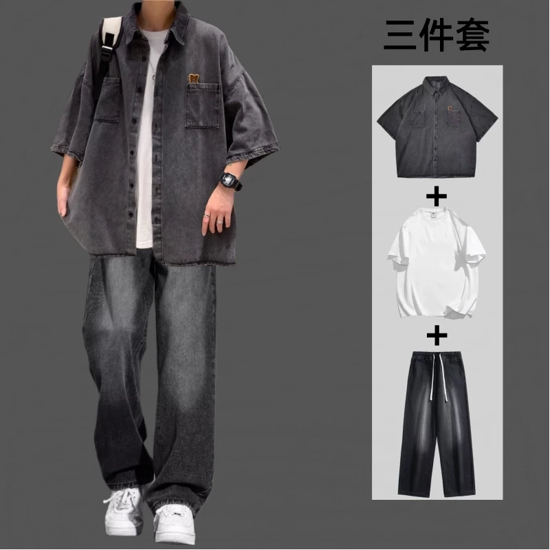 新款潮牌短袖衬衫男士套装春夏季宽松潮流牛仔裤男生牛仔衬衣外套