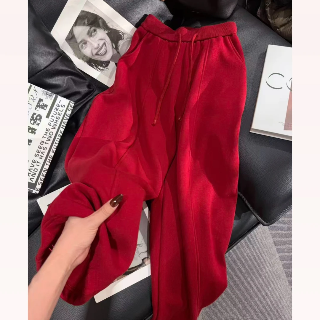 【晓溪服饰】冬季新款加绒宽松阔腿显瘦百搭抽绳松紧腰休闲裤7036