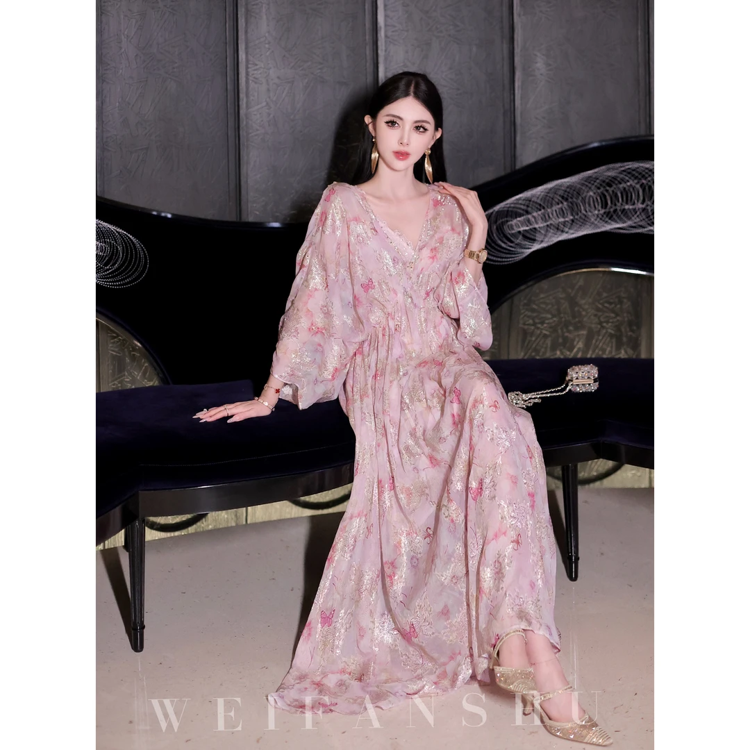 WEIFANSHU/魏凡舒【世外桃源】连衣裙法式温柔风V领印花桑蚕丝长裙