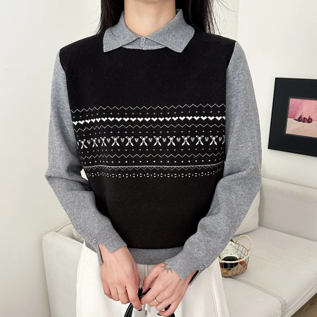 【正品现货】糯米绒新款翻领假两件设计感时尚百搭长袖显瘦女士上衣