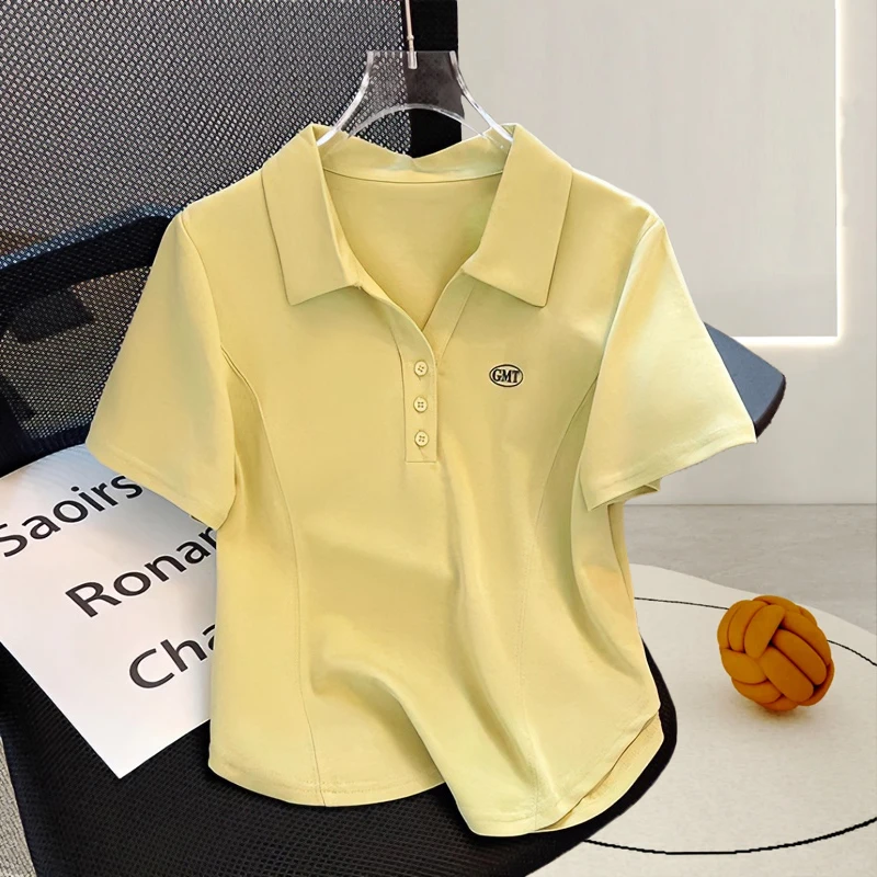 大码胖mm200斤原创小众慵懒风排扣polo衫女夏季显瘦收腰短袖t恤衫