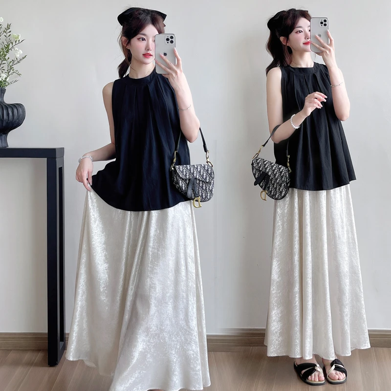 夏季新款孕妇套装时尚气质法式减龄无袖背心休闲杏色抽绳半身裙子